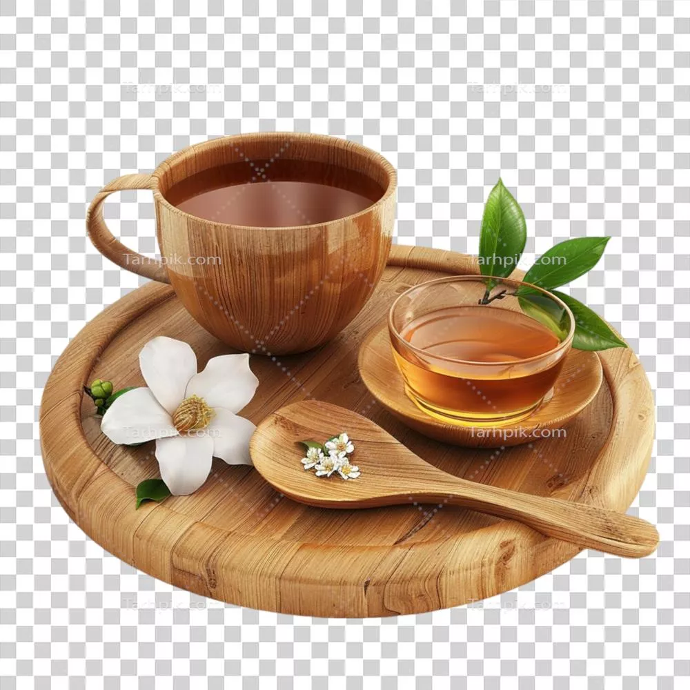 فنجان چای با گلها و برگها بر روی بشقاب چوبی و قاشق در سینی چوبی با پسزمینه شفاف