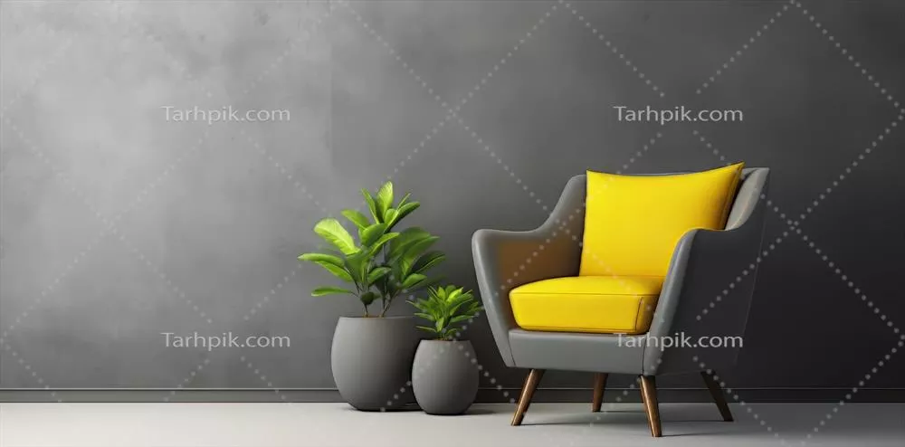 مدل مدرن صندلی خاکستری با کوسن زرد پررنگ در محیط مینیمالیستی