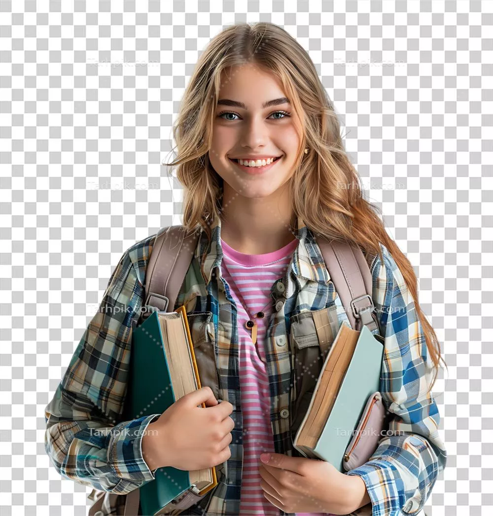 دانشآموز نوجوان دختر با کولهپشتی و کتابها در پسزمینه شفاف و جدا