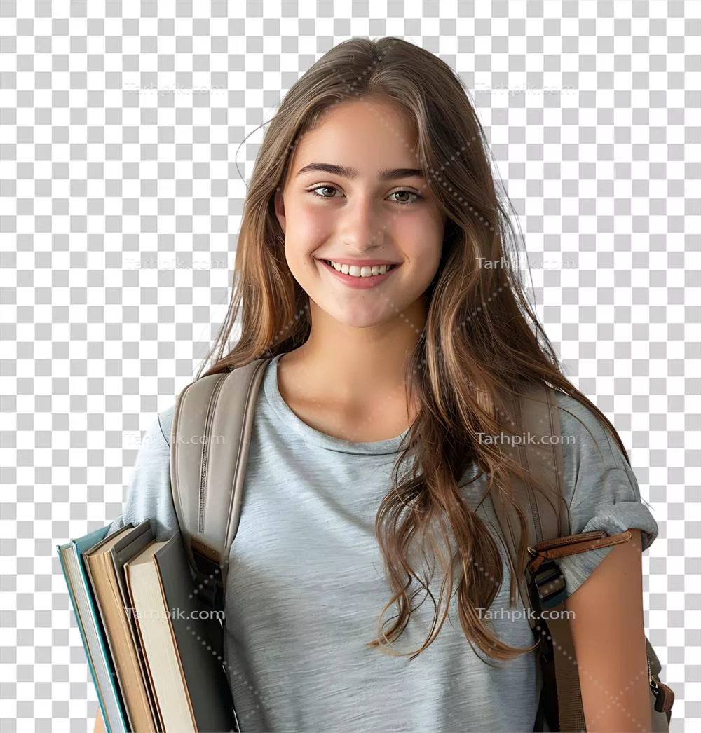 دانشآموز دختر نوجوان با کولهپشتی و کتابها در پسزمینه شفاف