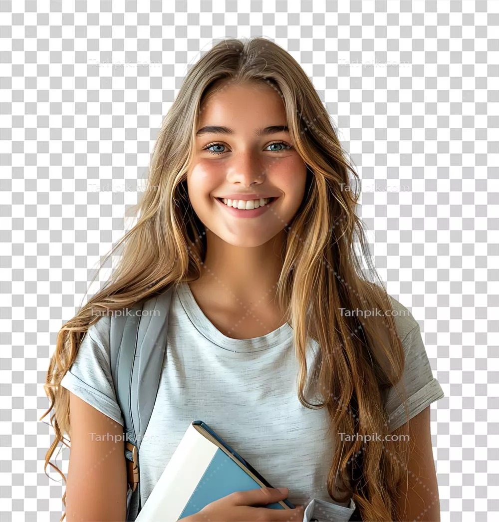 دانشآموز دختر نوجوان با کولهپشتی و کتابها در پسزمینه شفاف