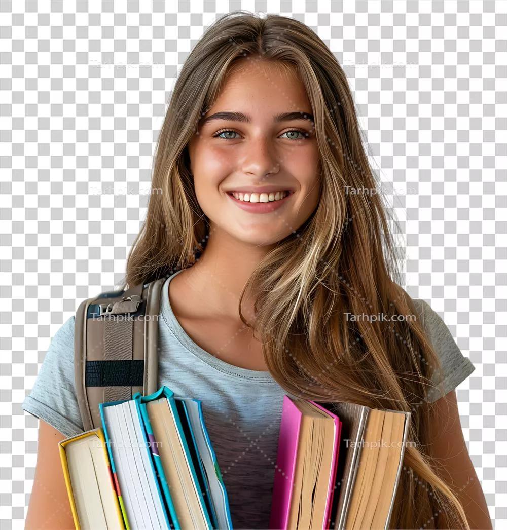 دانشآموز دختر نوجوان با کولهپشتی و کتابها در پسزمینه شفاف و ایزوله