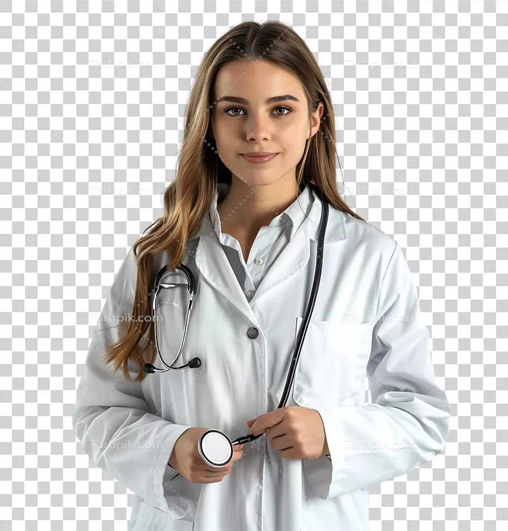 مفهوم پزشکی: پزشک زن جوان در روپوش سفید با گوشی پزشکی بر روی پسزمینه شفاف