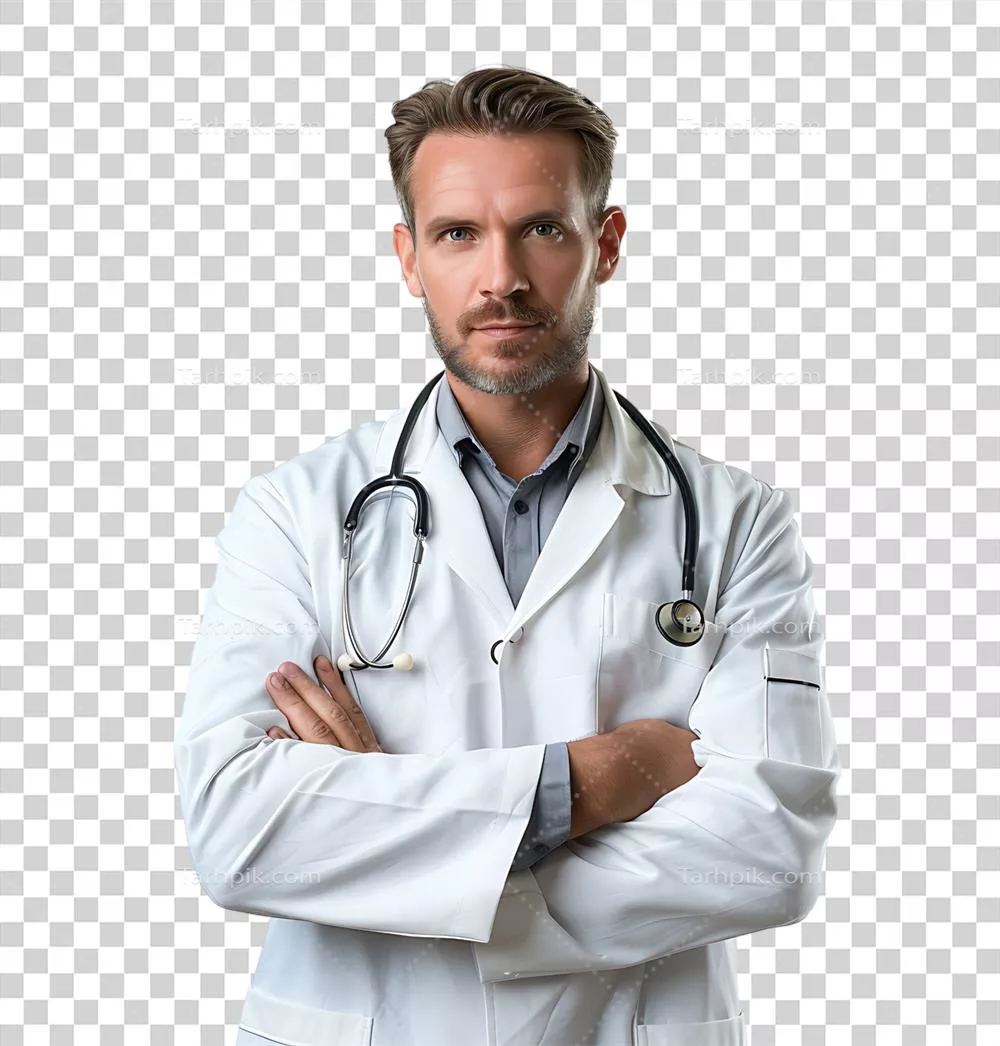 پزشک مرد با اعتماد به نفس در پسزمینه شفاف و ایزوله