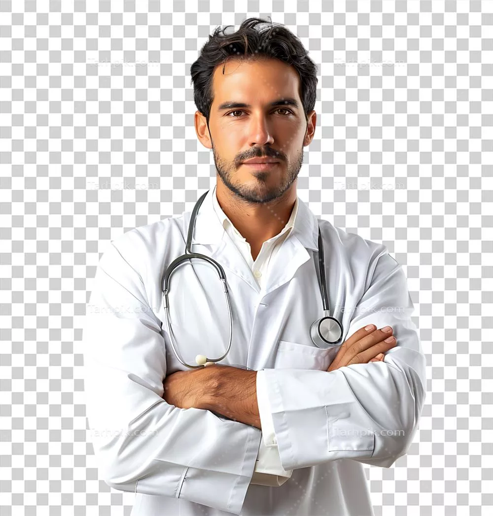 پزشک مرد با اعتماد به نفس در تصویر زمینه شفاف و ایزوله