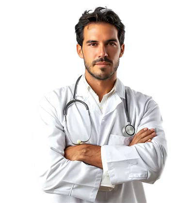پزشک مرد با اعتماد به نفس در تصویر زمینه شفاف و ایزوله