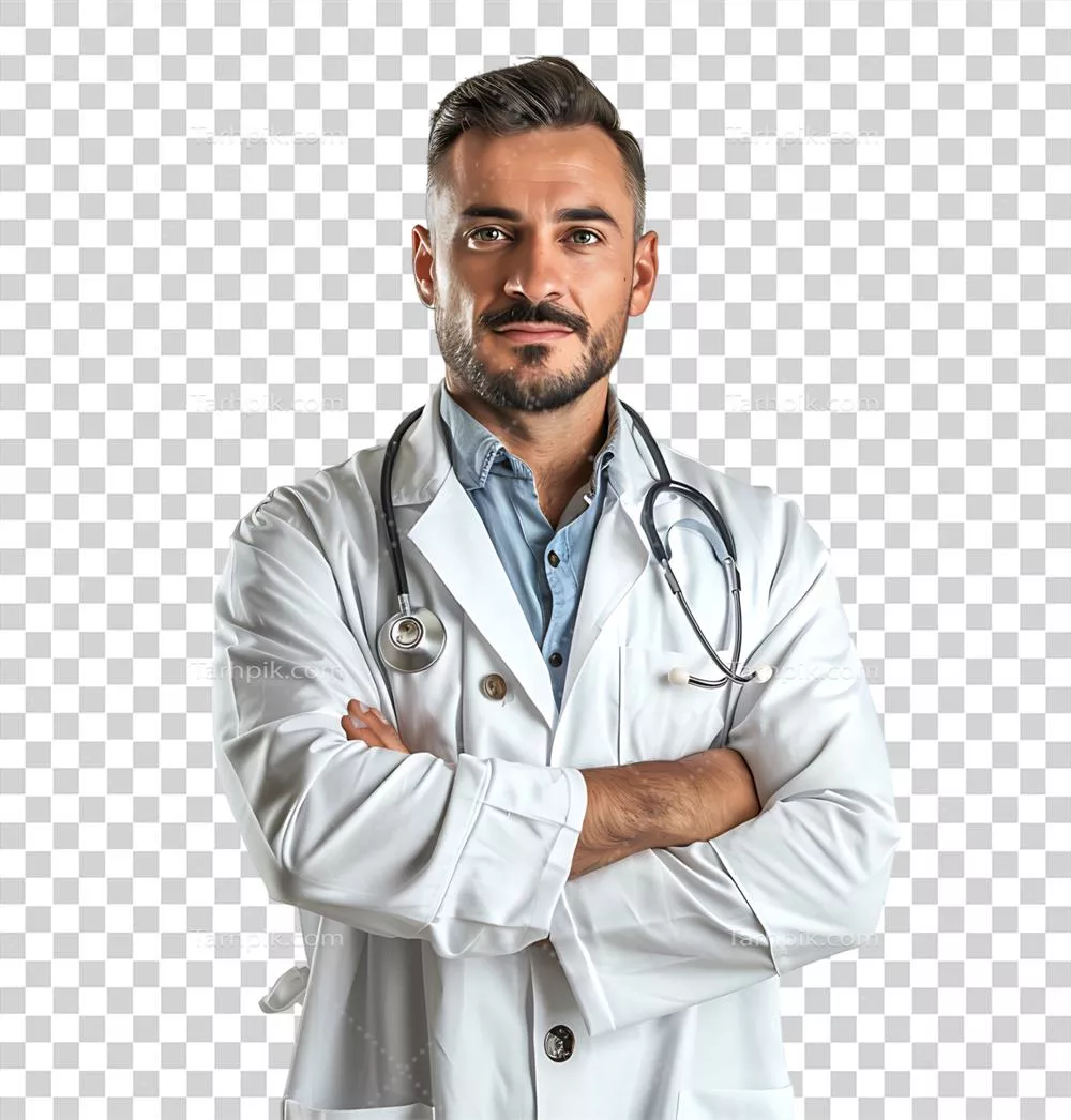 پزشک مرد مطمئن بر روی پسزمینه شفاف و جداگانه