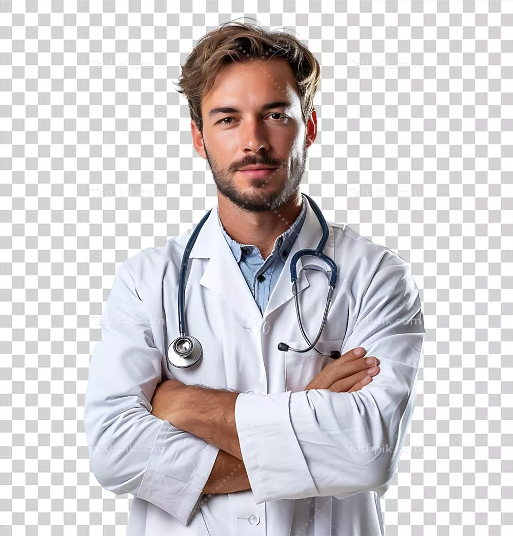 پزشک مرد با اعتماد به نفس در پسزمینه شفاف و ایزوله