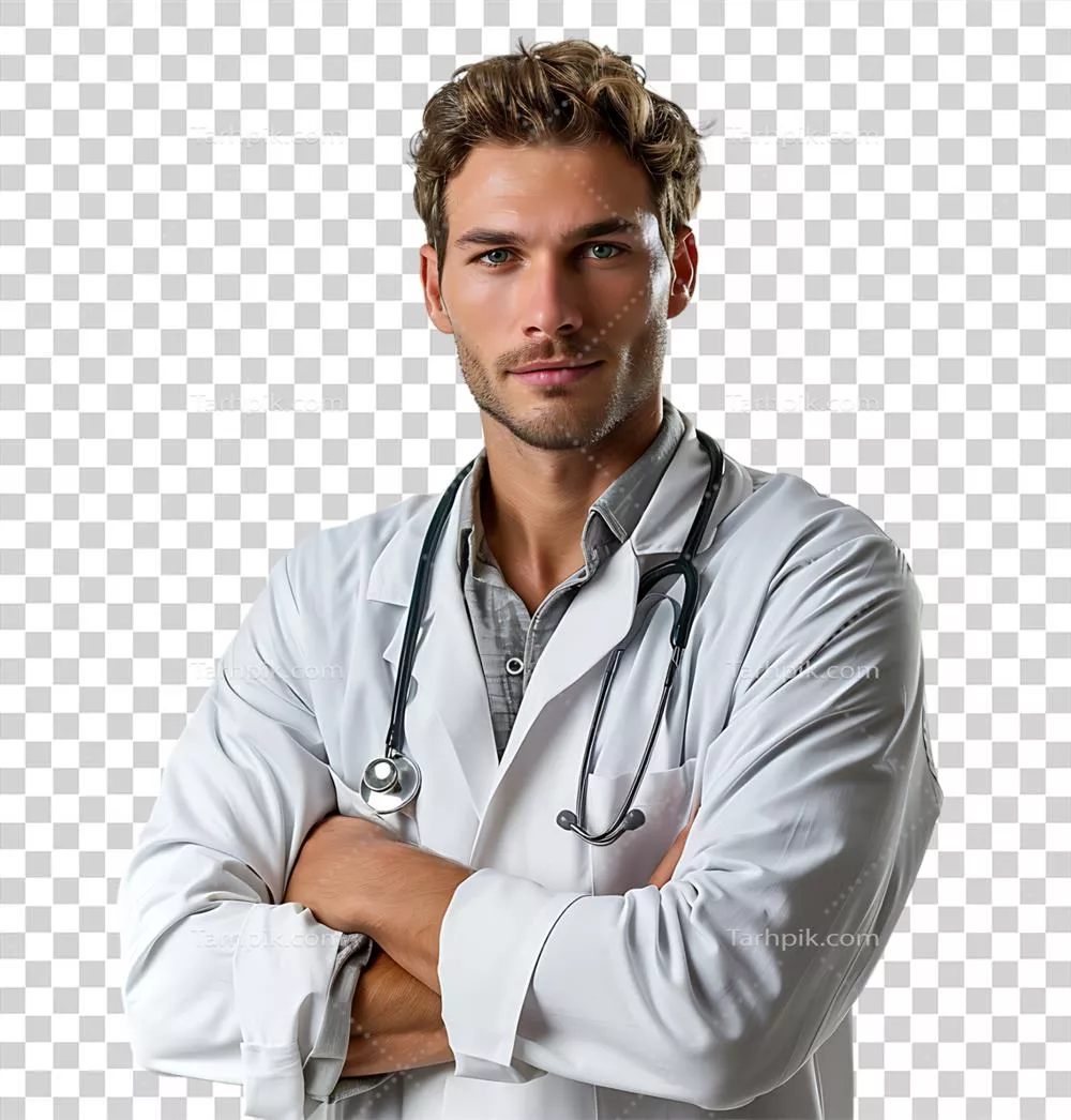 متخصص پزشکی مرد با اعتماد به نفس در پس زمینه شفاف و ایزوله