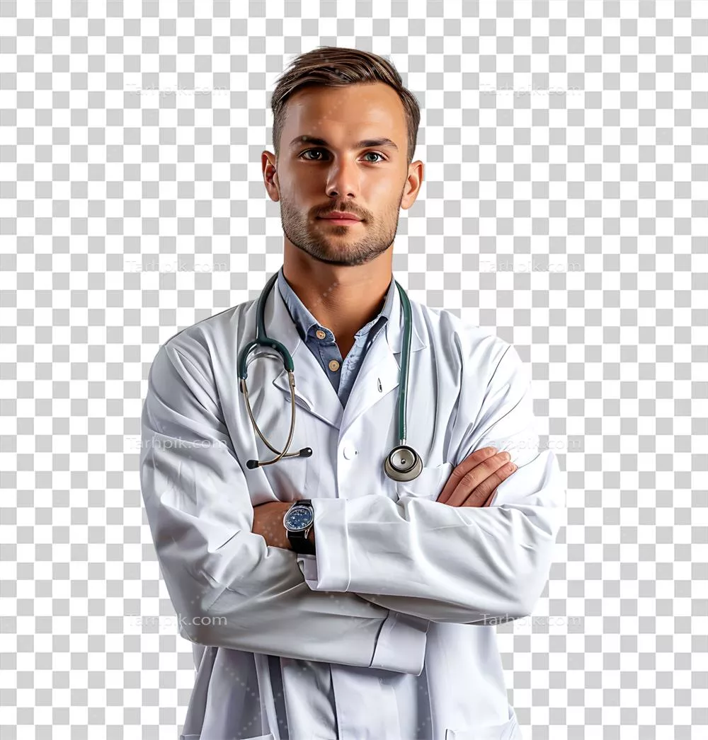 پزشک مرد با اعتماد به نفس بهعنوان یک متخصص پزشکی در پسزمینه شفاف