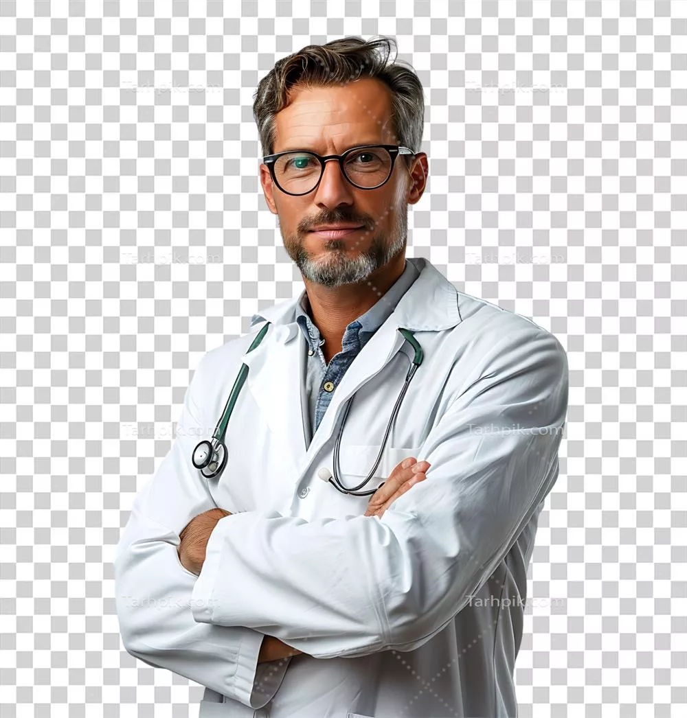 پزشک مرد با اعتماد به نفس در پسزمینه شفاف و جداگانه