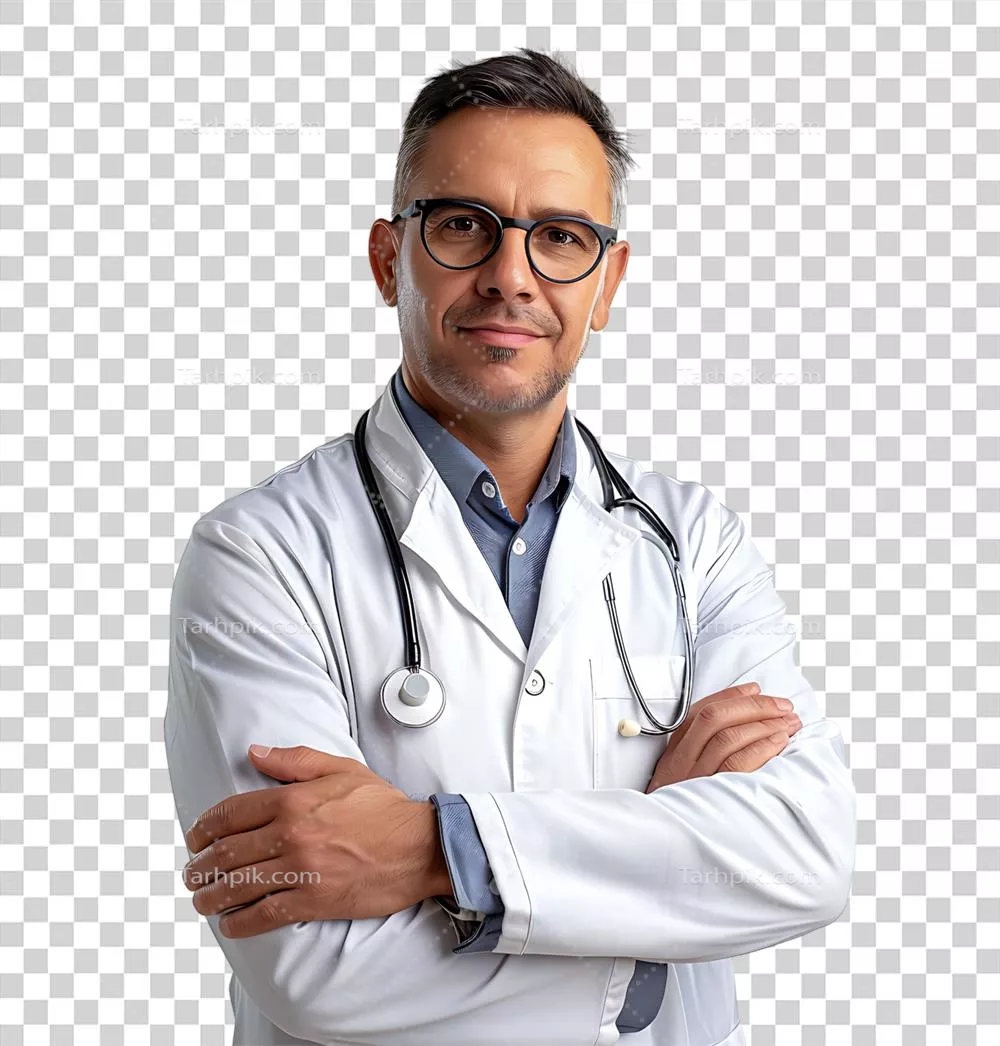 پزشک مرد با اعتماد به نفس در پسزمینه شفاف و ایزوله شده