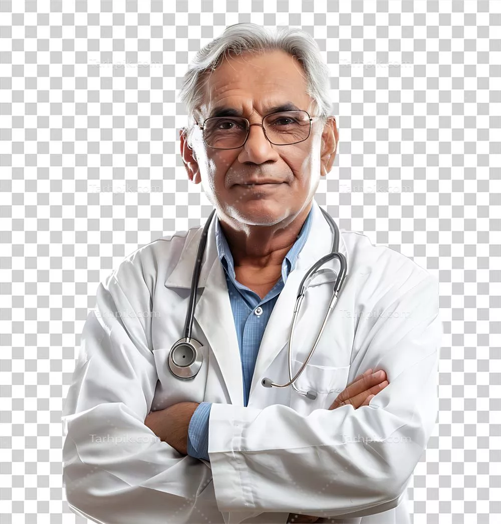 تصویر یک پزشک پاکستانی پیر بر روی پس زمینه شفاف و ایزوله شده