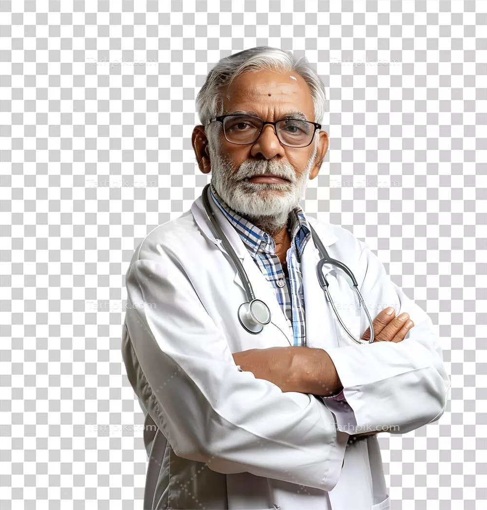 پزشک پاکستانی مسن با پسزمینه شفاف و ایزوله