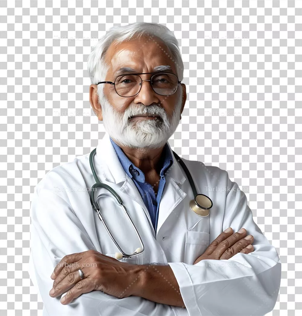 یک پزشک پاکستانی سالخورده و با تجربه در پس زمینه شفاف و ایزوله
