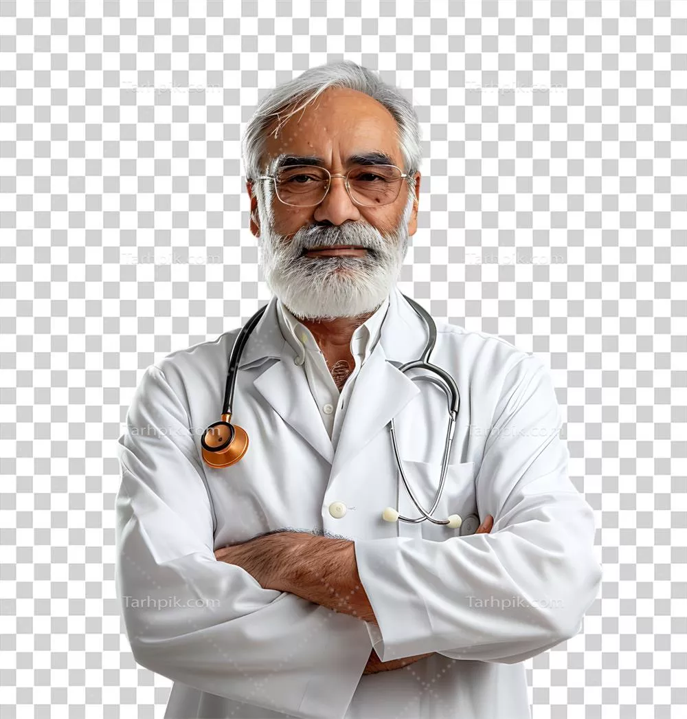 پزشک پیر پاکستانی بر روی پس زمینه شفاف و جدا شده