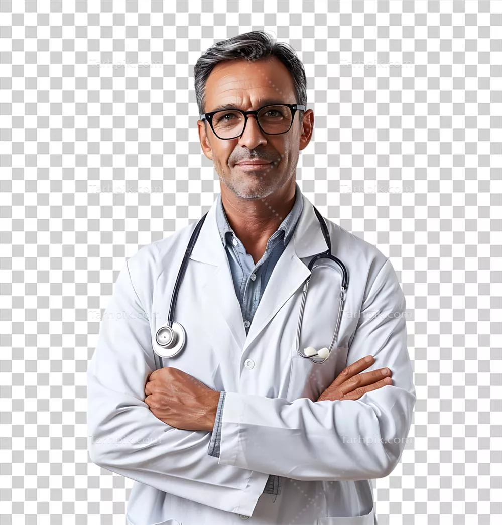 متخصص پزشکی مرد با اعتماد به نفس بر روی پس‌زمینه شفاف و ایزوله