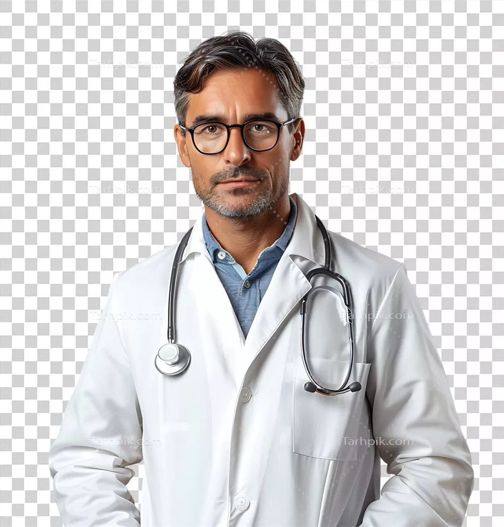 پزشک مرد با اعتماد به نفس در پسزمینه شفاف و ایزوله