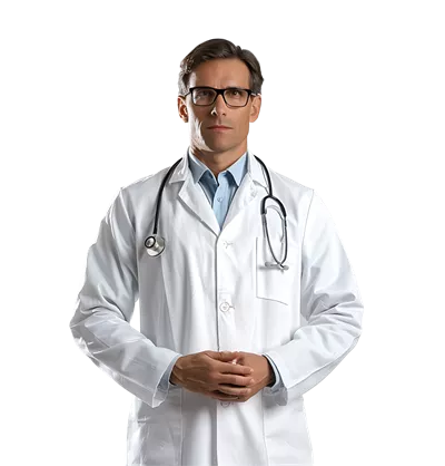 متخصص پزشکی مرد با اعتماد به نفس در پس‌زمینه شفاف و ایزوله