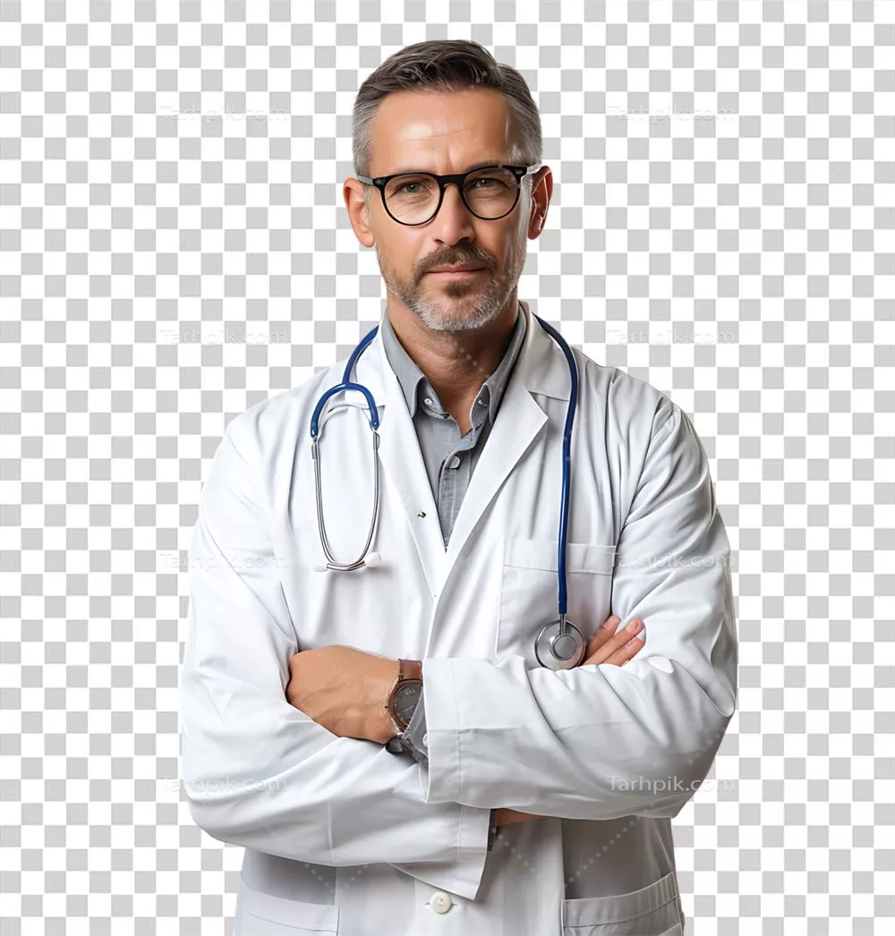 تصویر یک مرد پزشک مطمئن با پسزمینه شفاف و قابل مشاهده