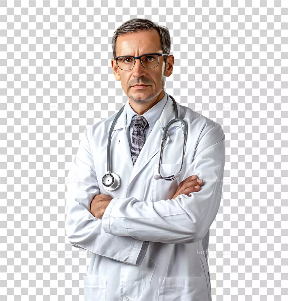 پزشک مرد با اعتماد به نفس در پسزمینه شفاف و ایزوله