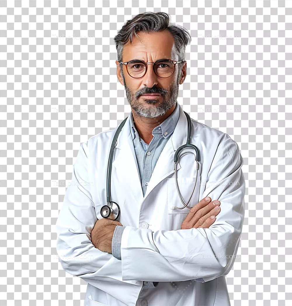 پزشک مرد مطمئن با پس زمینه شفاف و ایزوله شده
