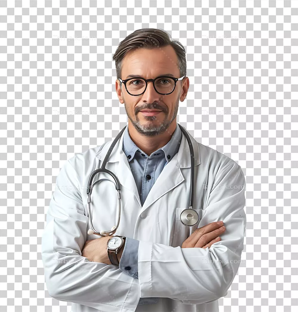 پزشک مرد با اعتماد به نفس بر زمینه شفاف و ایزوله
