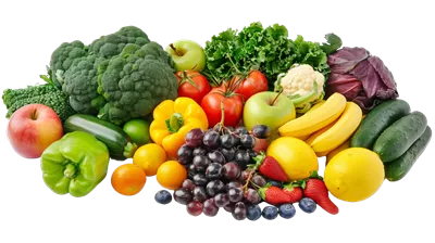 مجموعهای رنگارنگ از میوهها و سبزیجات تازه بر روی پسزمینه شفاف