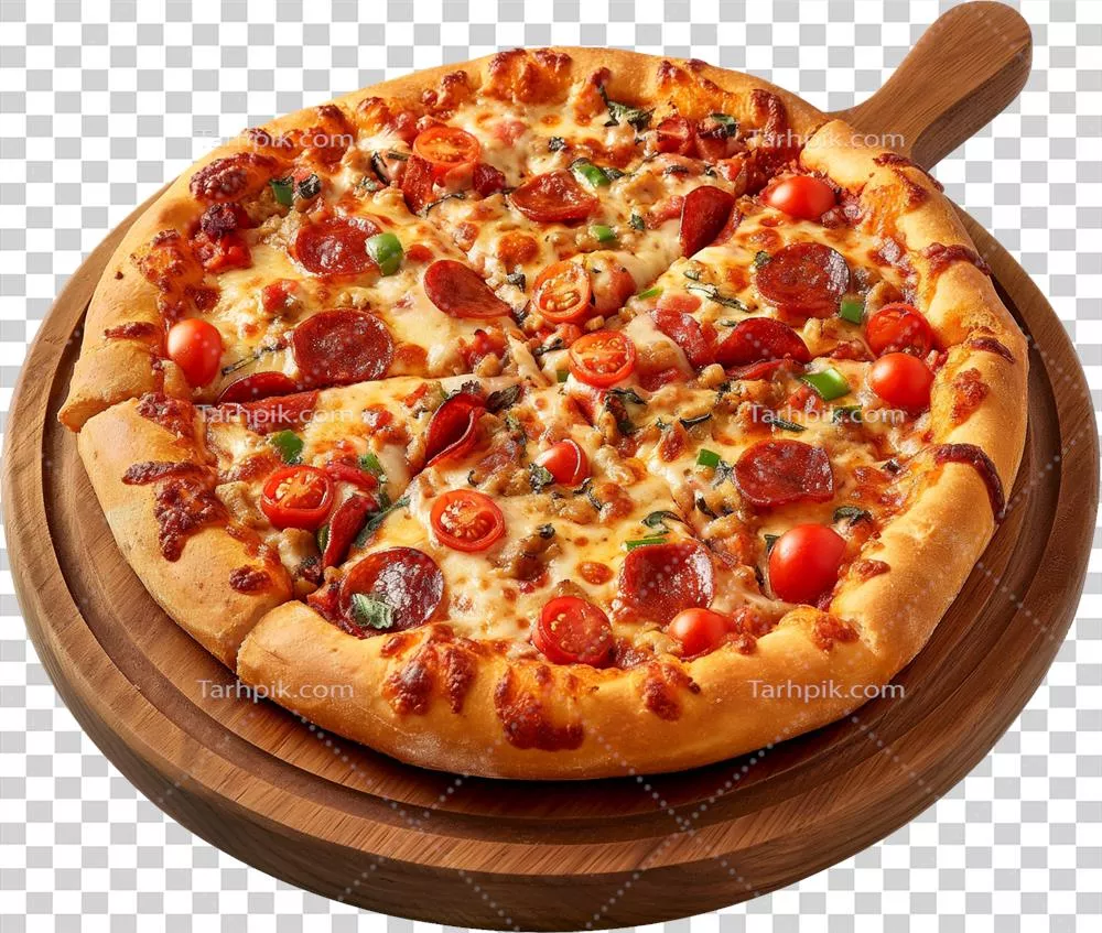 پیتزای باگاز چرب روی بشقاب چوبی با پسزمینه شفاف
