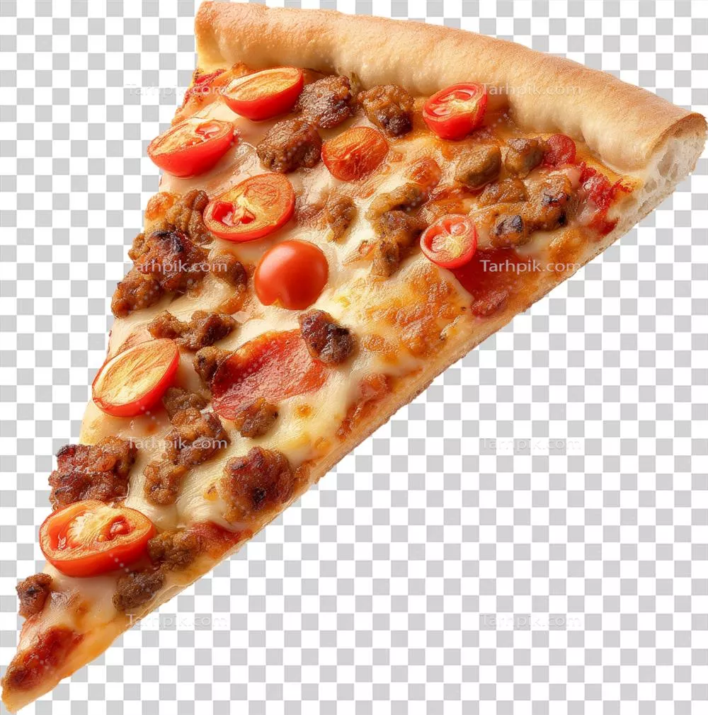 برشی از پیتزا به طور معلق در هوا با پسزمینه شفاف