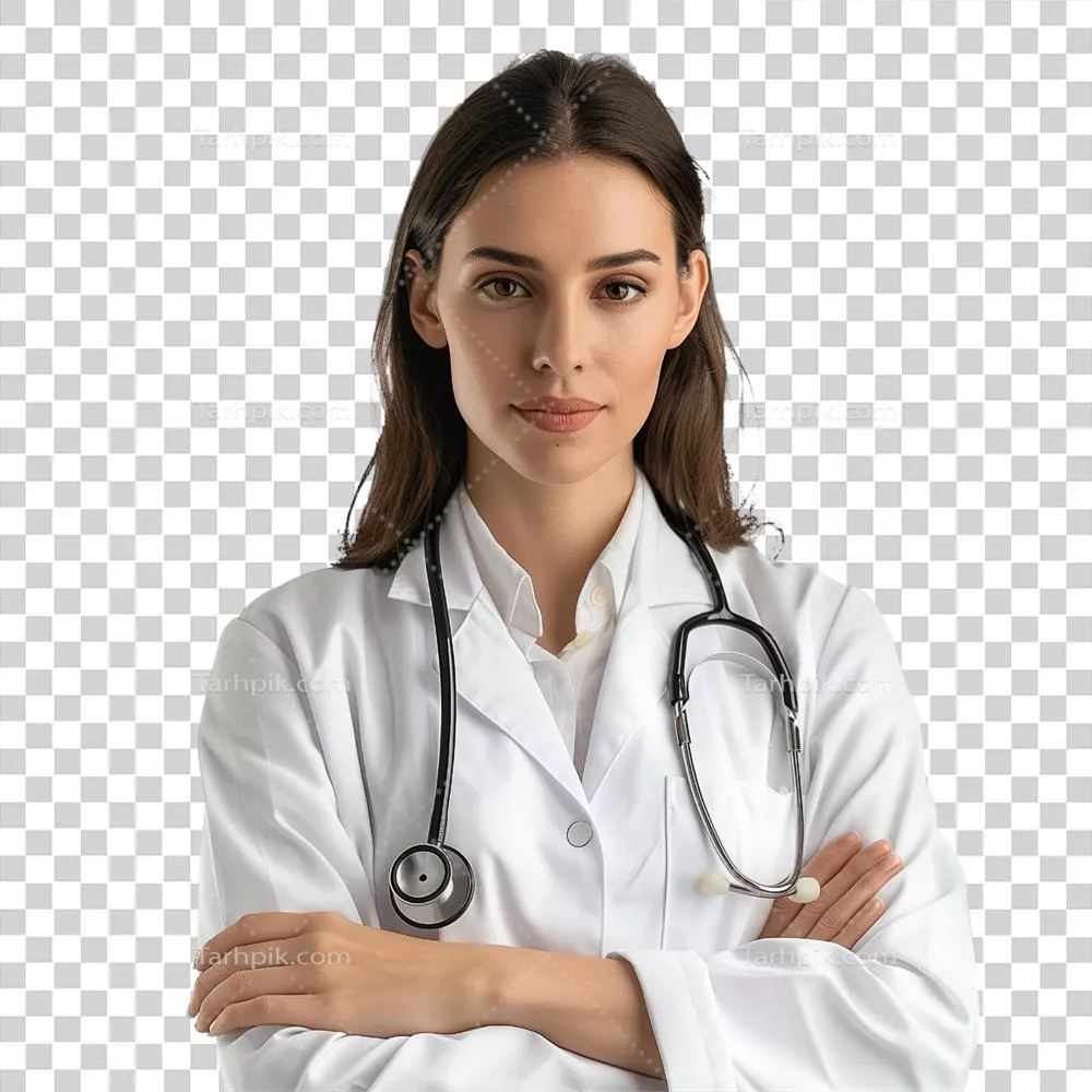 دکتر زن حرفه‌ای با گوشی پزشکی در گردن و نگاهی مستقیم به دوربین