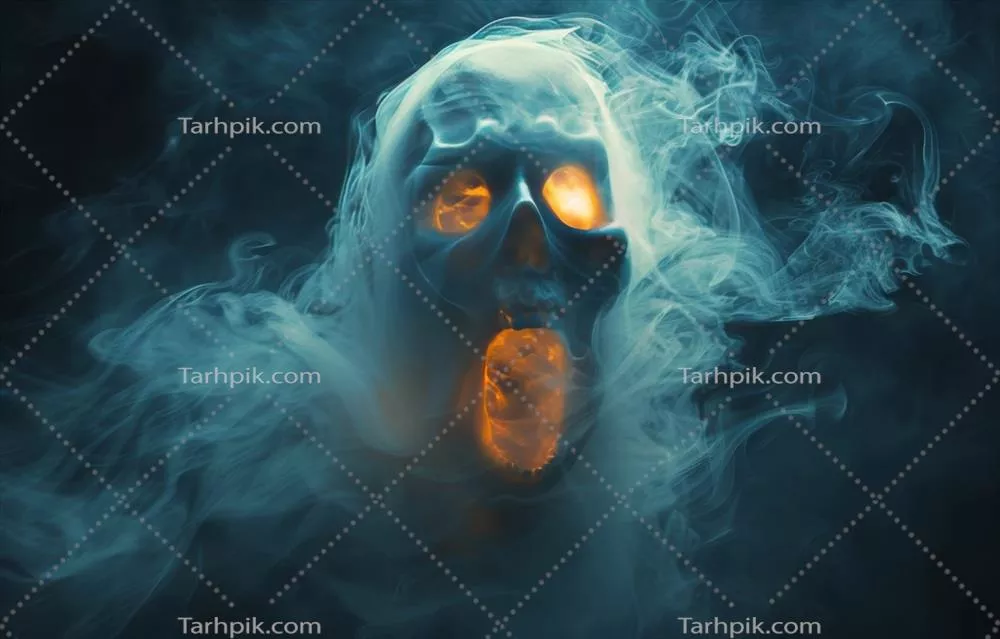 جمجمه درخشان که از دود آبی بیرون می‌آید