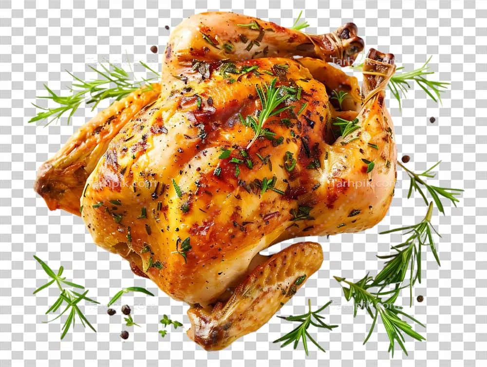 تصویر واقعگرایانه از مرغ برشته با رزماری و فلفل سیاه