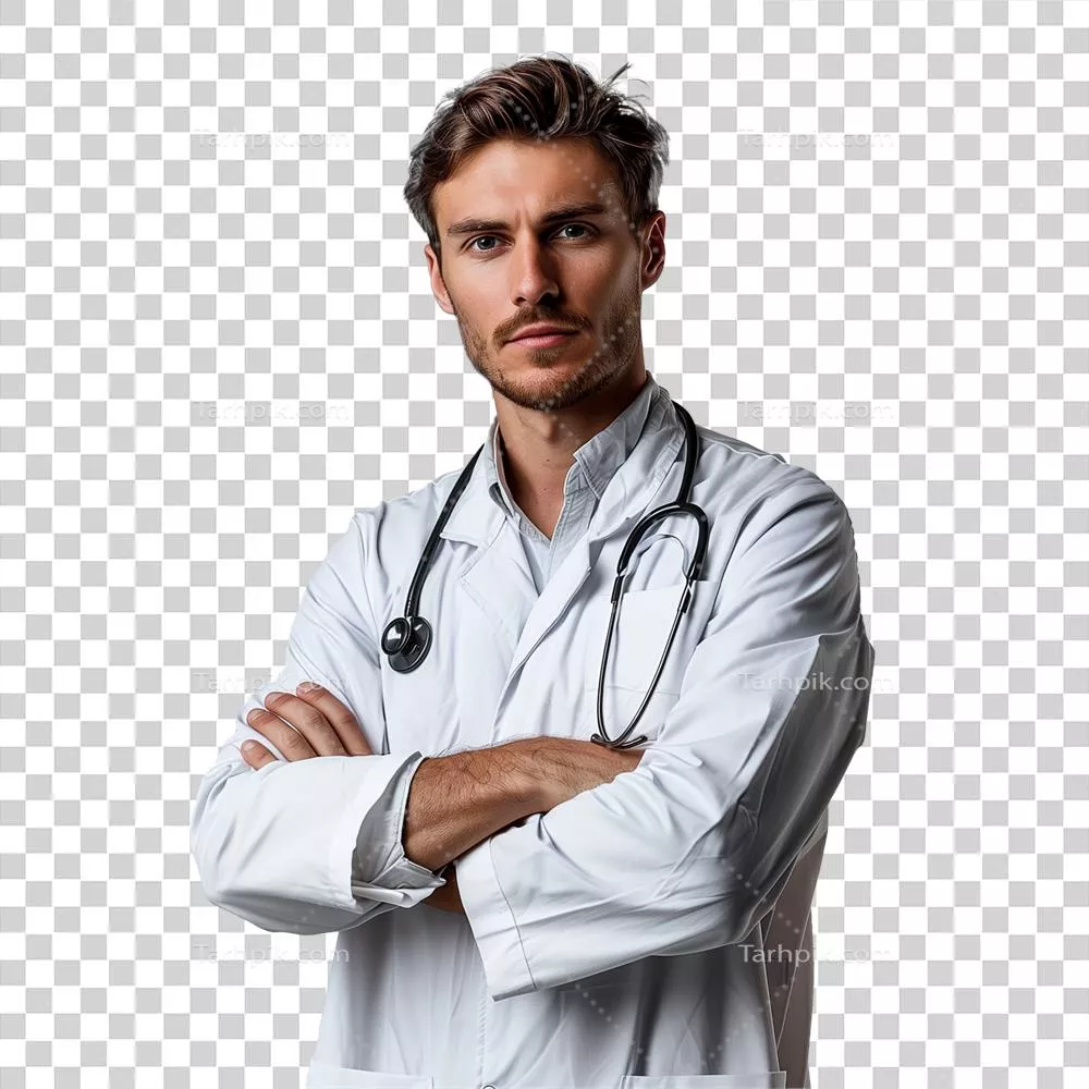 پزشک با اعتماد به نفس در حال چرخاندن گوشه‌ی لباسی سفید و با گوشی پزشکی