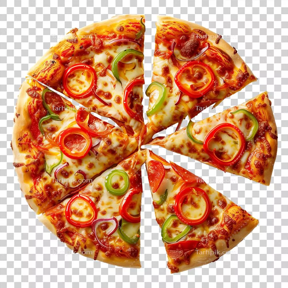 پیتزای پنیر خوشمزه با فلفل دلمه‌ای بر روی پس‌زمینه شفاف