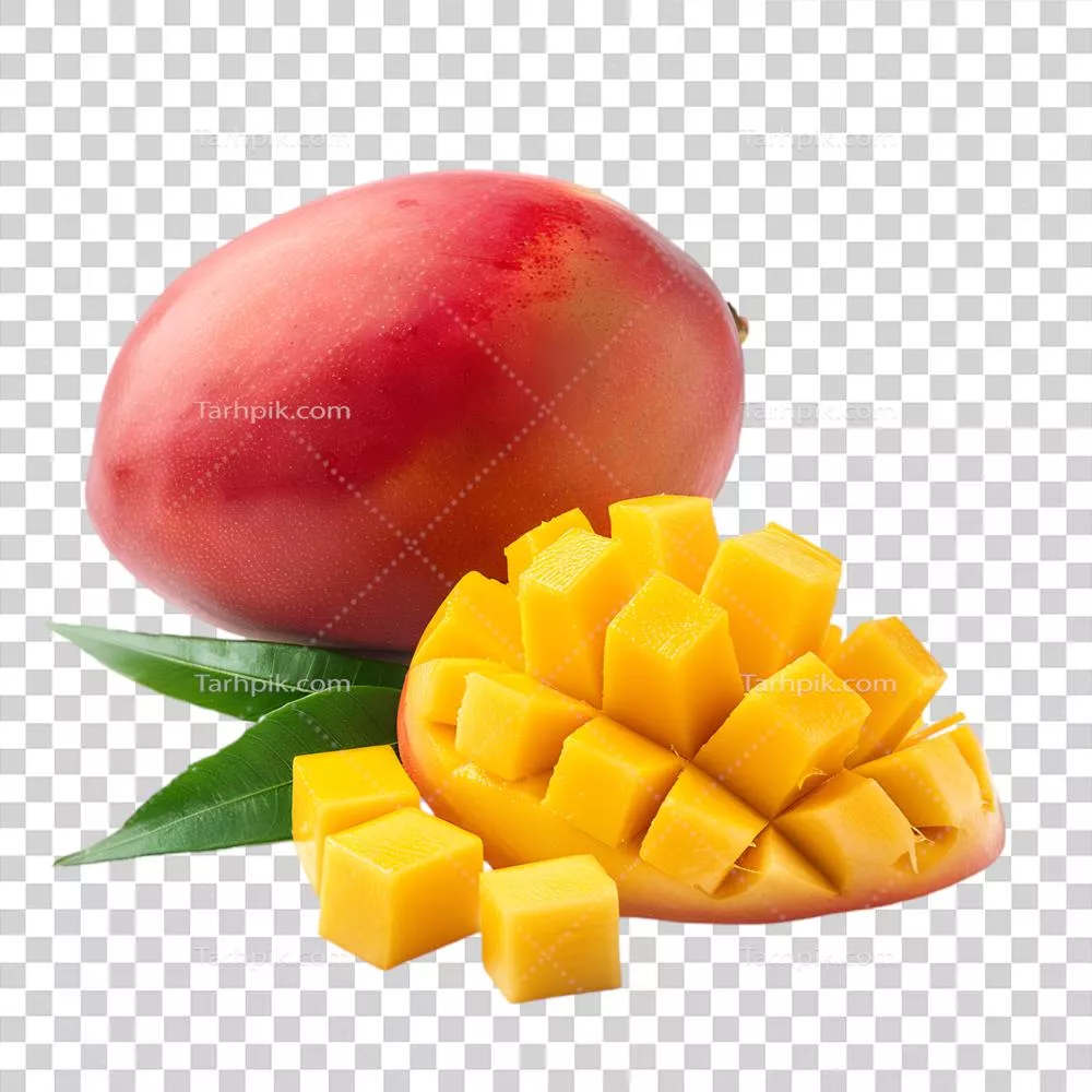 مغز کامل انبه و برشهای آن روی پسزمینه شفاف قرار دارد