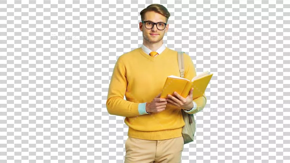 دانش‌آموزی خندان با کتاب‌هایی در دست و سویتر زرد رنگ