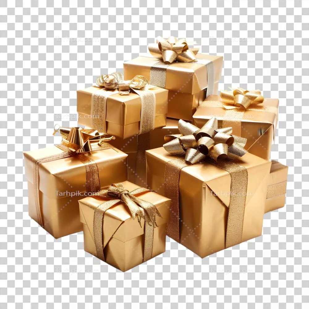 جعبههای هدیه طلایی روی پسزمینه شفاف و بدون ابعاد