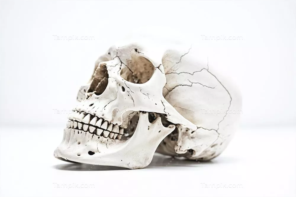 تصویر skull انسانی بر روی پسزمینهٔ سفید با جزئیات دقیق و وضوح بالا