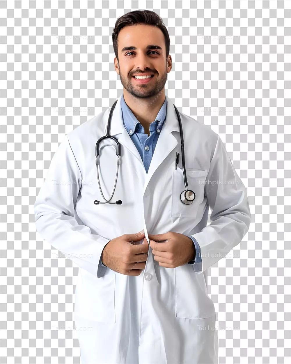 پرتره‌ای از یک پزشک جوان مرد با گوش‌زد و زمینه شفاف