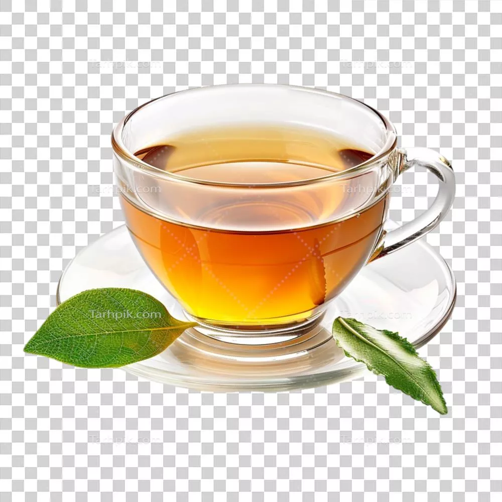 فنجان چای با برگ‌های سبز بر روی پس‌زمینه شفاف به سبکی تولید شده توسط هوش مصنوعی