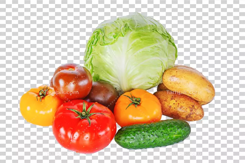 سبزیجات رنگارنگ شامل کلم، خیار، گوجه‌فرنگی و سیب‌زمینی برای غذاهای سالم
