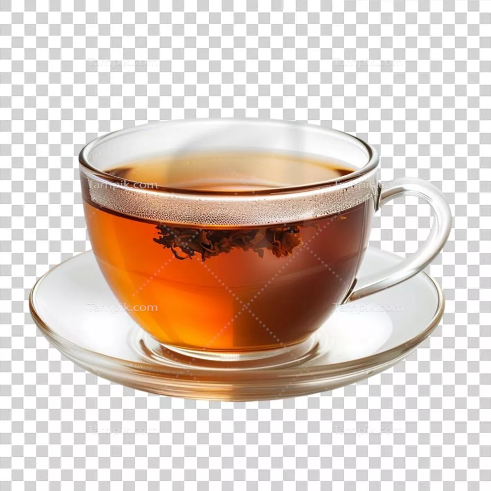 یک فنجان چای بر روی نعلبکی همراه با یک برگ چای