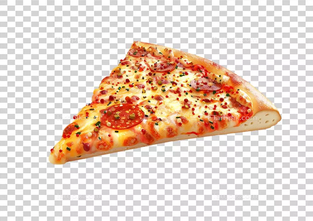 برش پیتزا با پنیر و پپرونی در پسزمینه شفاف