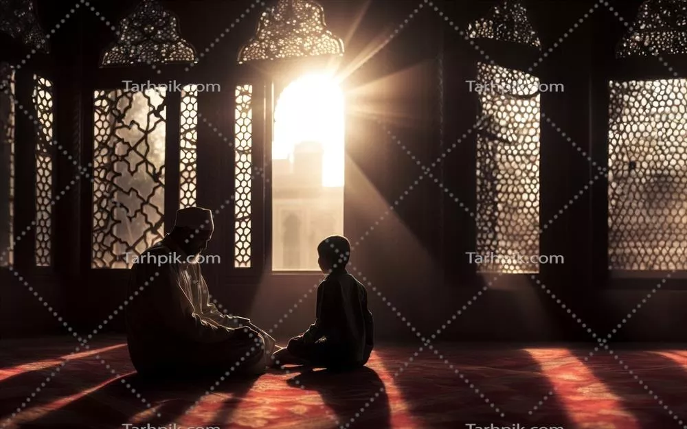 تصویری از پدر و پسر در احرام در یک مکان مقدس در طول حج