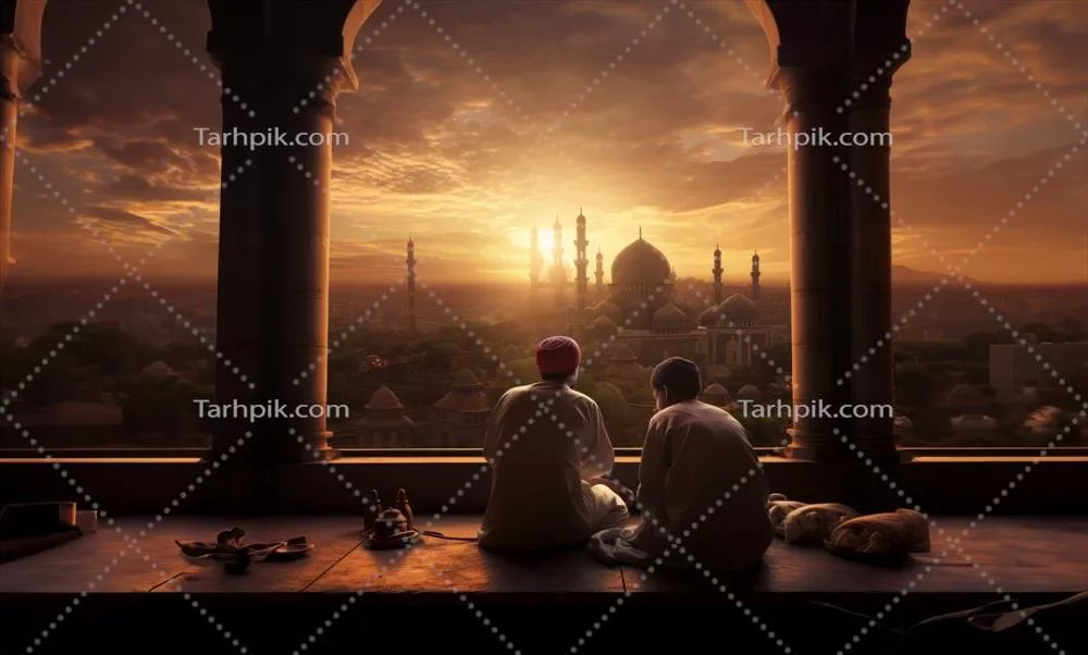 تصویر یک زوج مسلمان در لباس سنتی در حال نماز خواندن با نور خورشید