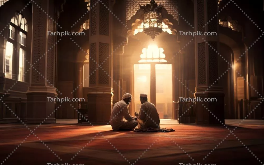 عکس از یک زوج مسلمان در لباس سنتی در حال نماز تحت نور خورشید