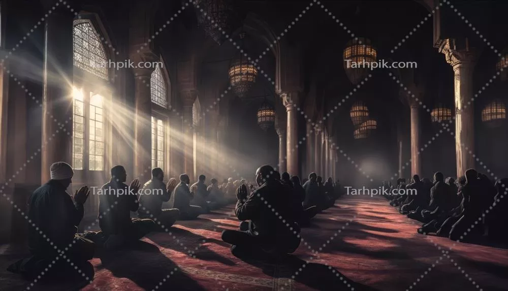 تصویری از مسلمانان در حال انجام نماز در یک مکان مقدس و مذهبی