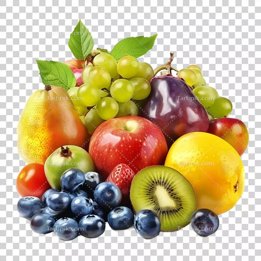 سبد میوه و سبزیجات تازه بر روی پس زمینه شفاف