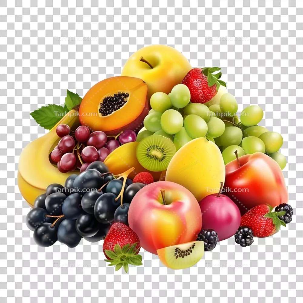 مجموعه‌ای از میوه‌ها و سبزیجات تازه بر روی پس‌زمینه شفاف